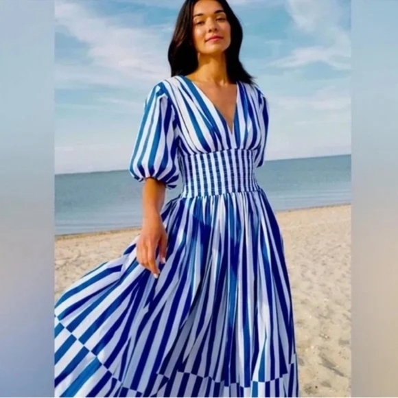 AYR The Extra Extra Puff Sleeve Dress Blue White Stripe V Neck Cotton Blend S - Picture 1 of 10
